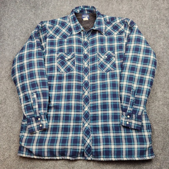 Wrangler Other - Wrangler Shirt‎ Jacket Mens 2XLT Blue Plaid Quilted Flannel Western Pearl Snap